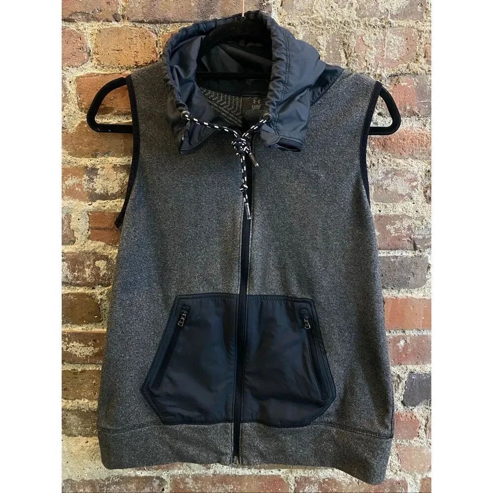 UNDER ARMOUR • COLD GEAR • Heather Gray/BLK Sleeveless Full Zip Drawstring Cowl